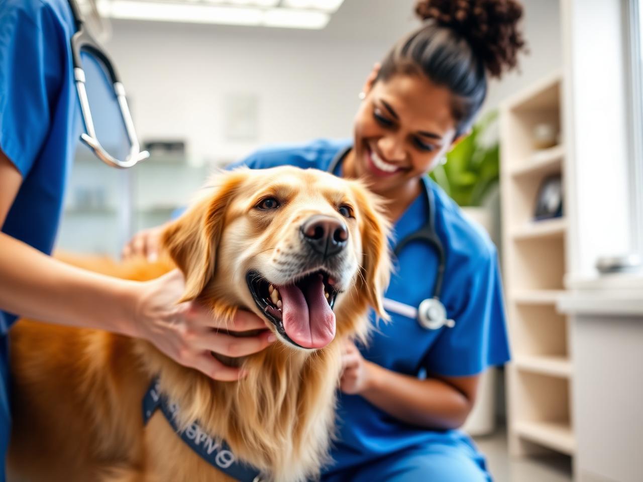 Veterinaria examinando a un perro golden retriever